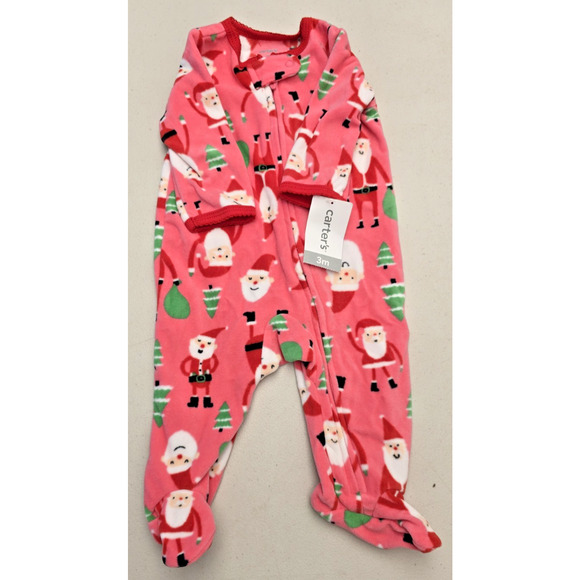 Carters NWT 3 Months Santa Pink Tree Christmas Footed Fleece Pajama Girls - Picture 1 of 4